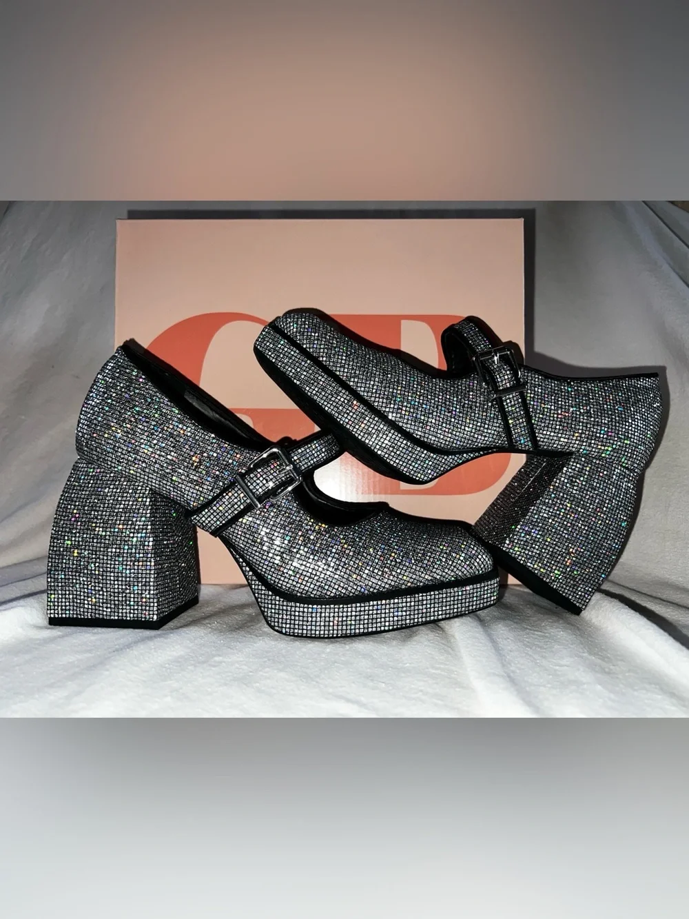 Gianni Bini Silver Crystal Mary Jane Platform Heels